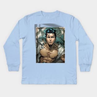 Cartoon superhero ripping his shirt off Kids Long Sleeve T-Shirt